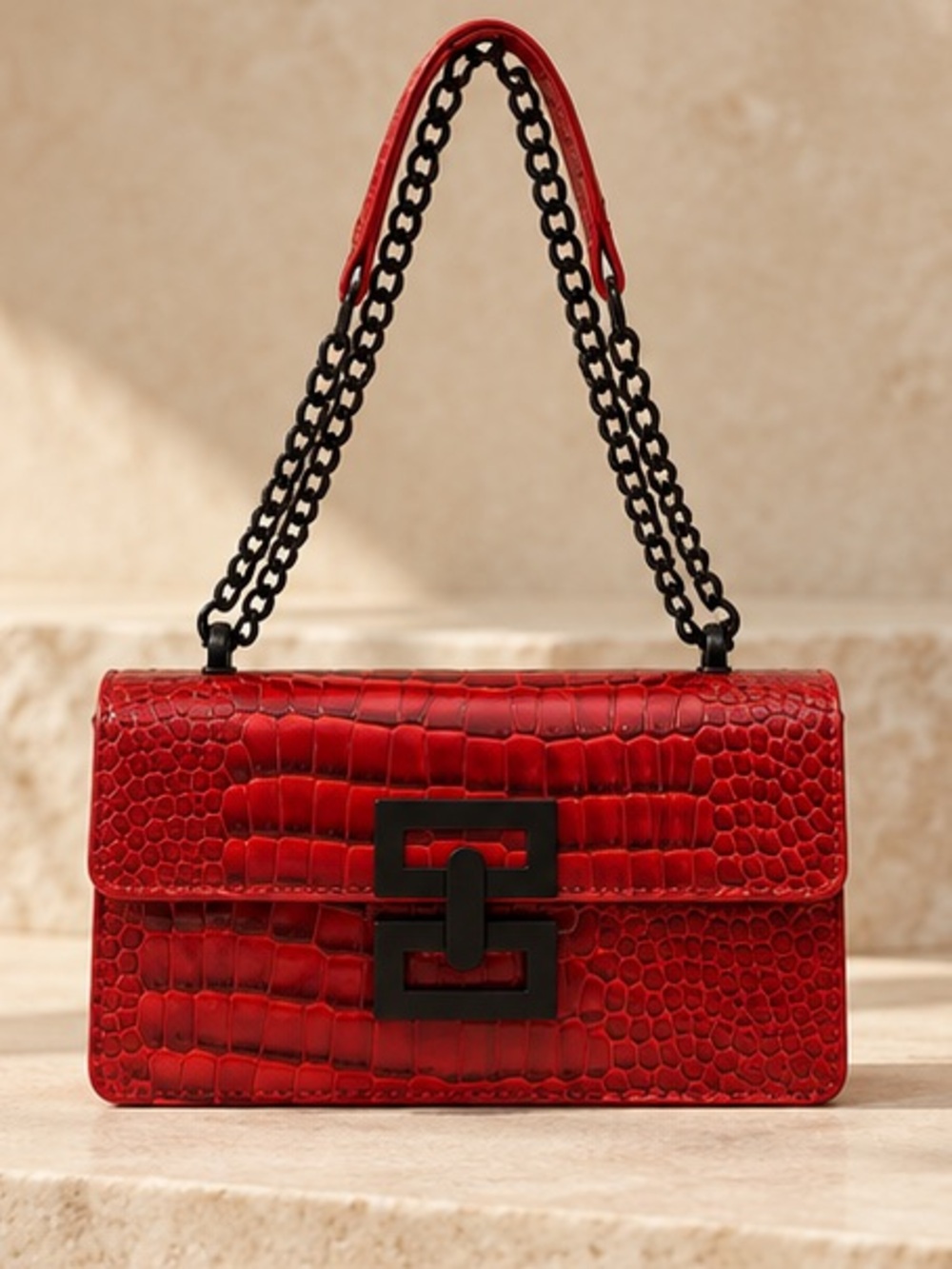 Red Croc-Embossed Chain Shoulder Bag Designer Inspired